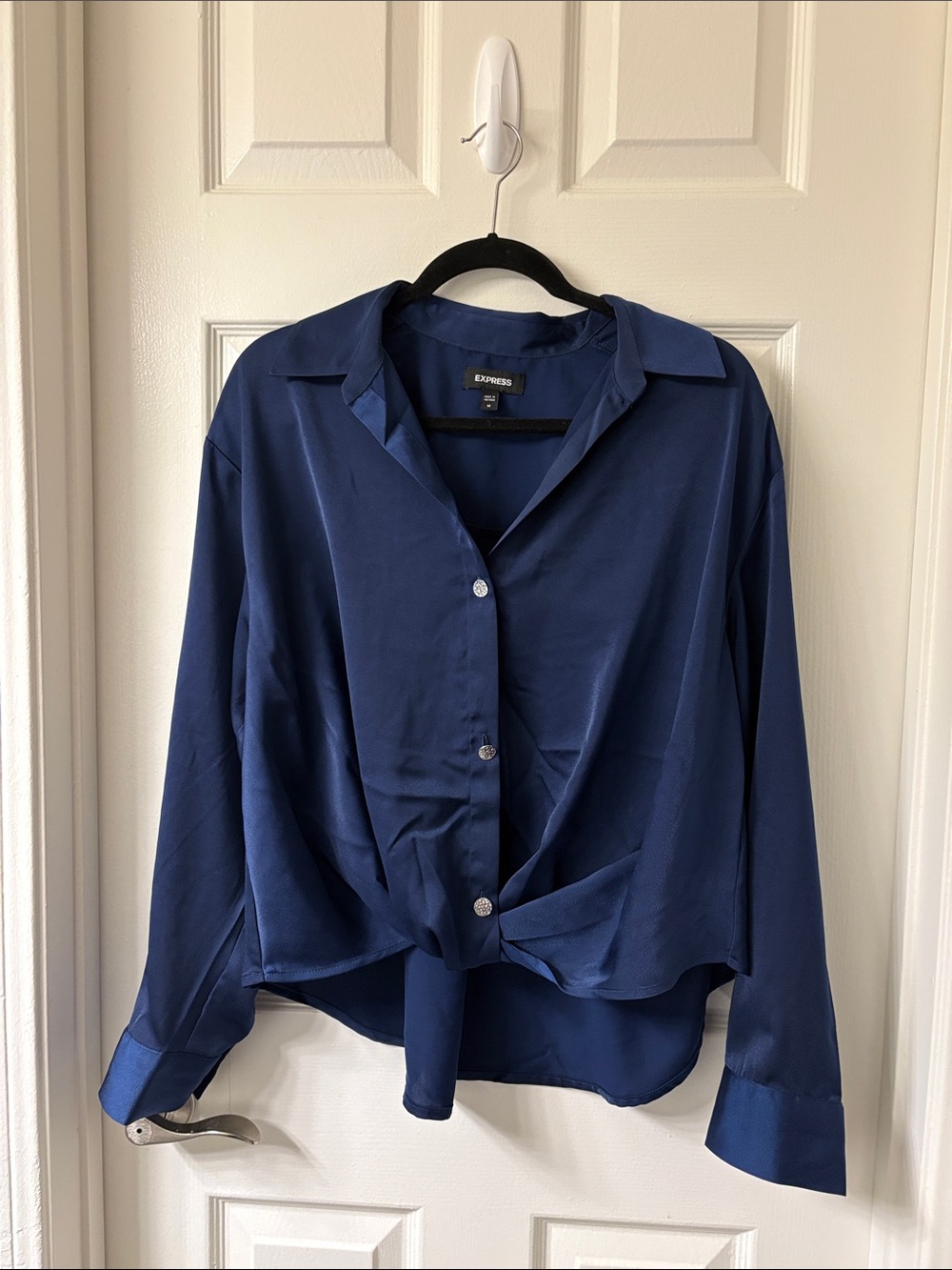 Express Women's Deep Navy Satin Button-Front Shirt